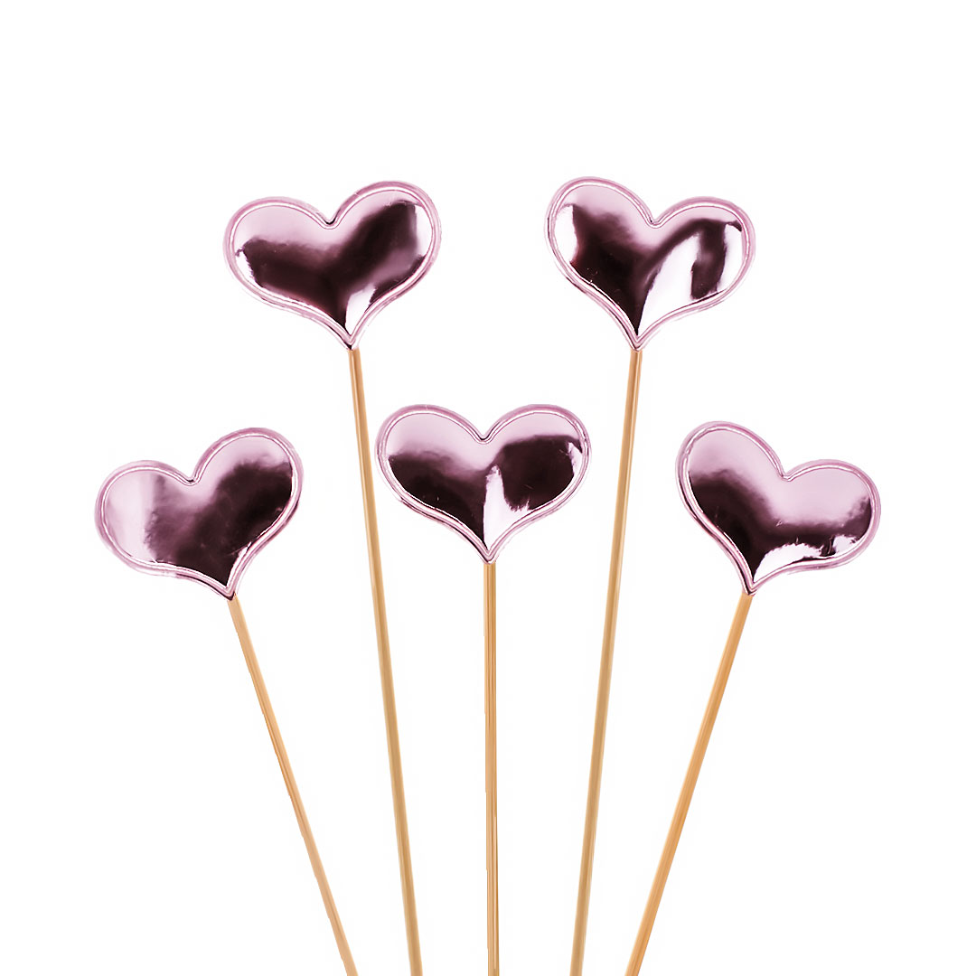 Пики Топперы, Сердце, Розовый, Металлик, 12 см, 5 шт.