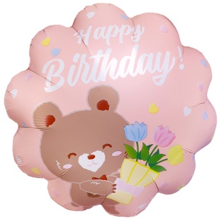 Шар (18''/46 см) Круг, Happy Birthday (мишка с букетом), Розовый, 1 шт. в уп. (цв.этик.)