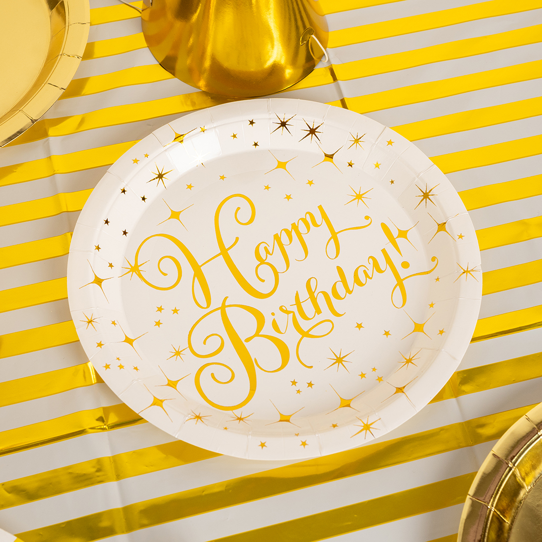 Тарелки (9''/23 см) Волшебный ДР, Белый/Золото, Металлик, 6 шт.