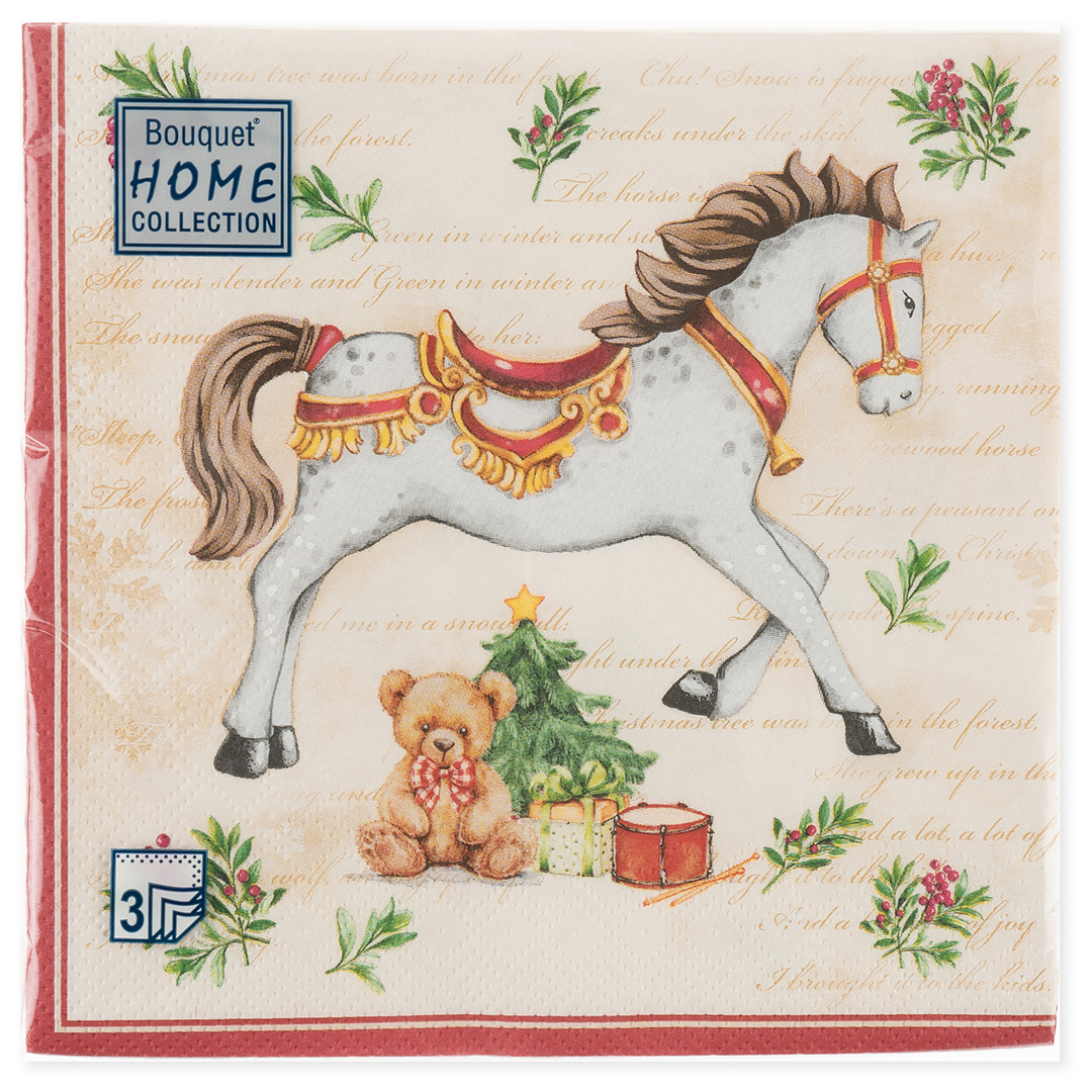 Сервировочные салфетки, Новогодняя лошадка, Кремовый, 33*33 см, 20 шт.