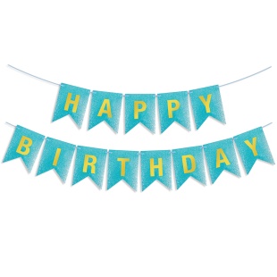 Гирлянда Флажки, Happy Birthday, Голубой/Золото, Металлик, с блестками, 350 см, 17*12 см, 1 упак.