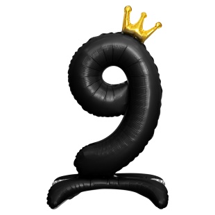 Шар (32''/81 см) Цифра на подставке, 9 Золотая корона, Черный, 1 шт. в уп.