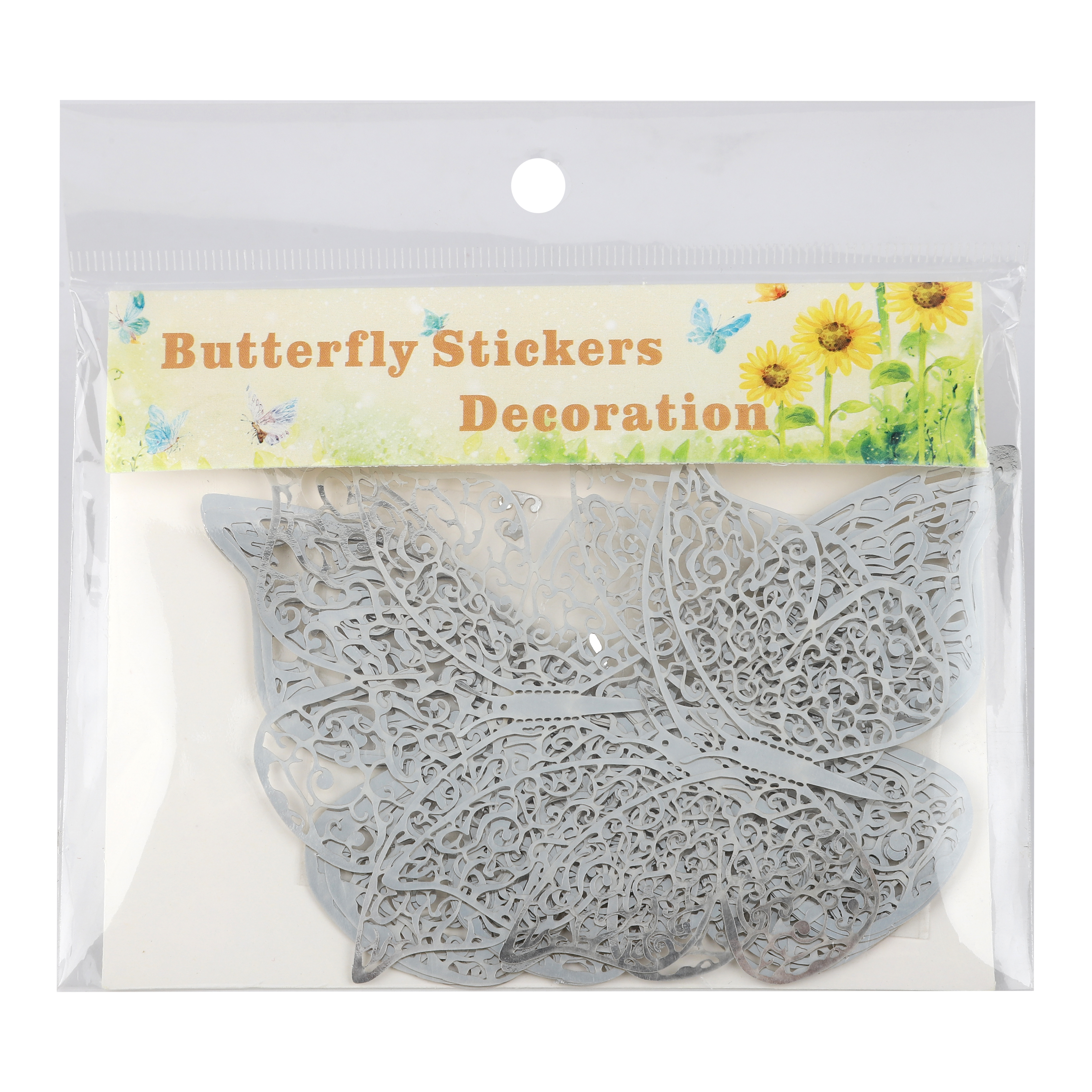Наклейки Ажурные бабочки, Серебро, 8-12 см*12 шт, 1 упак.