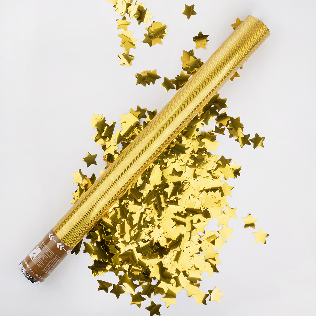 Пневмохлопушка (24/60 см), Волны, Звезды фольга, Золото, Металлик, 1 шт.