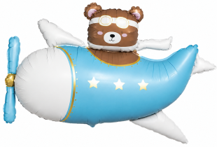 Шар (43''/109 см) Фигура, Мишка в голубом самолете, Сатин, 1 шт.