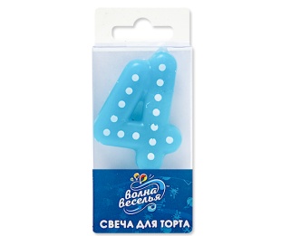 Свеча Цифра, 4 Белые точки, Голубой, 3*4,5 + 1,5 см, 1 шт. с держат.