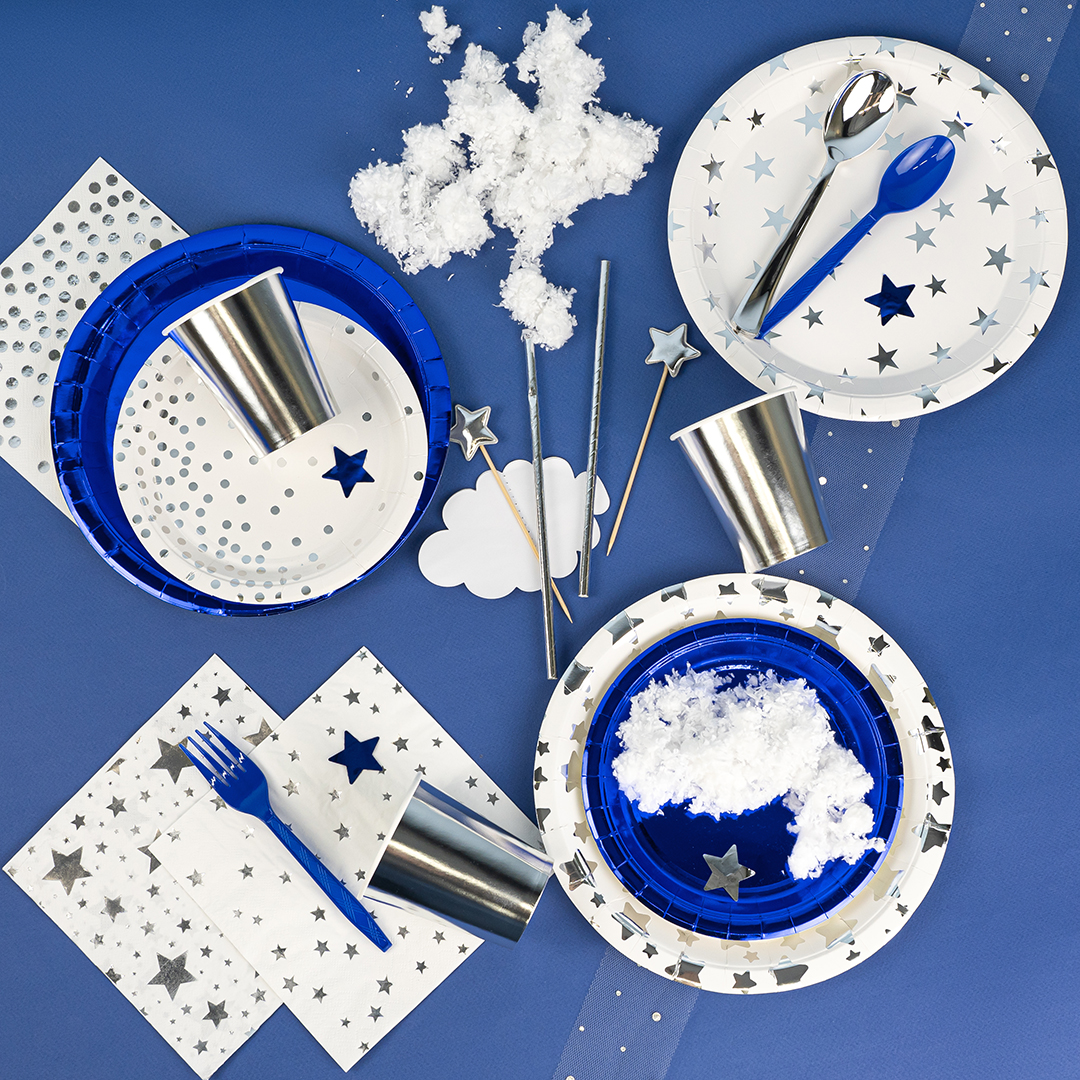 Тарелки (7''/18 см) Серебристые звезды, Белый/Серебро, Металлик, 6 шт.