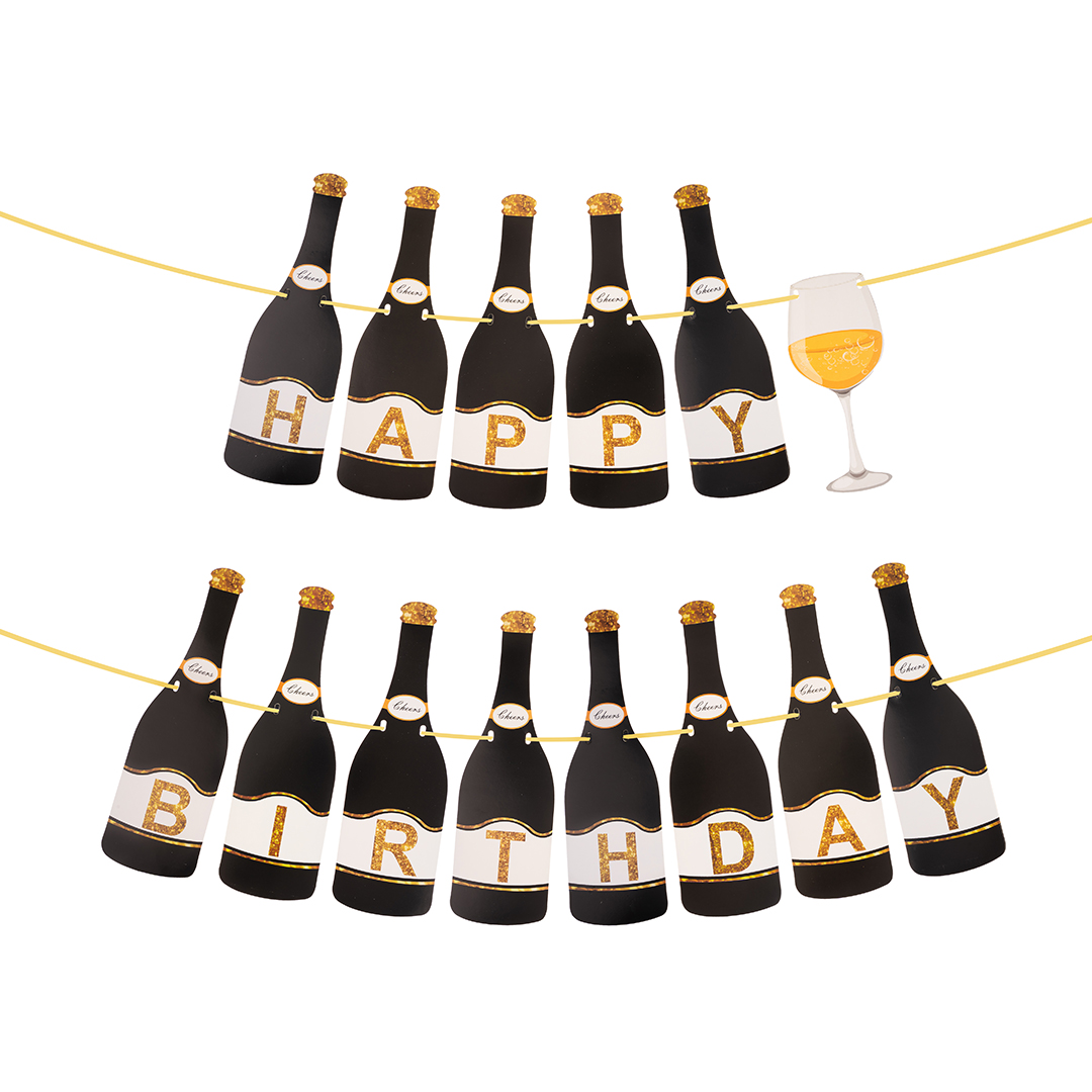 Гирлянда Шампанское, Happy Birthday, Черный, 150 см, 1 упак.