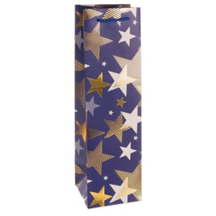 Пакет подарочный для вина, 210гр, Мириады звезд, Синий, Металлик, 38*11*11 см, 1 шт.
