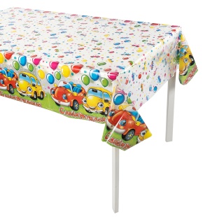 Скатерть одноразовая, Веселые машинки, С Днем Рождения!, Прозрачный, 120*220 см, 1 шт.