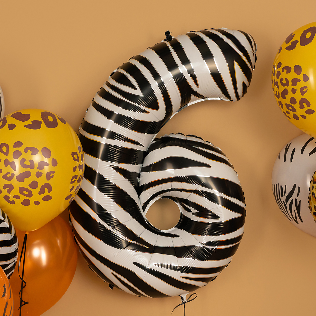 Шар (40''/102 см) Цифра, 6 Сафари, Зебра, 1 шт.