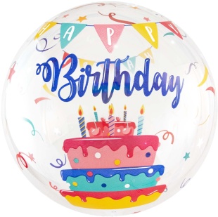 Шар (18''/46 см) Сфера, Deco Bubble, С Днем Рождения (торт), Прозрачный, Кристалл, 1 шт. в уп.